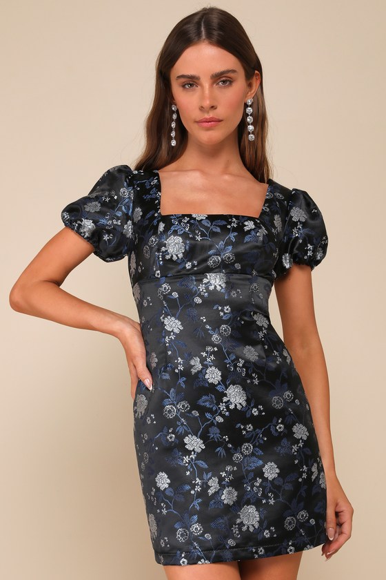 Black Floral Dress - Jacquard Puff Sleeve Dress - Mini Dress - Lulus