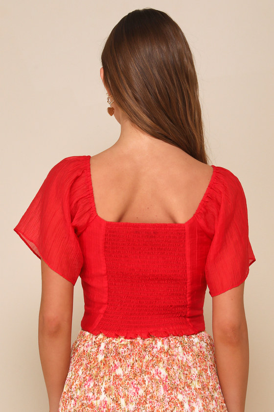 Lulus Charming Drama Red Organza Ruched Short Sleeve Top In Red