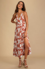 Follow the Summer Orange Floral Print Halter Midi Dress 7