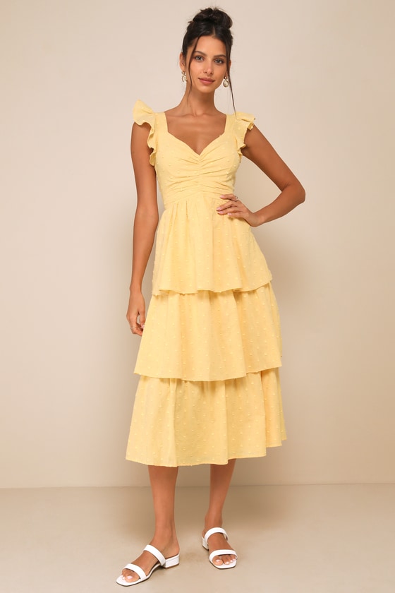 Shop Lulus Charming Decision Yellow Swiss Dot Ruched Tiered Midi Dress