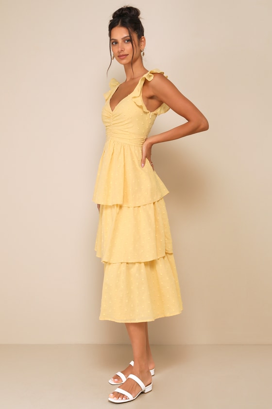 Shop Lulus Charming Decision Yellow Swiss Dot Ruched Tiered Midi Dress