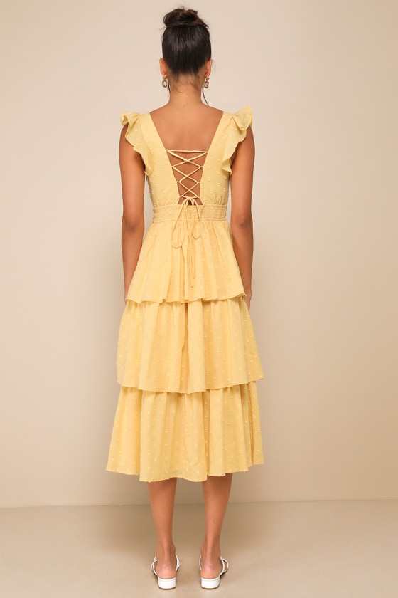 Shop Lulus Charming Decision Yellow Swiss Dot Ruched Tiered Midi Dress