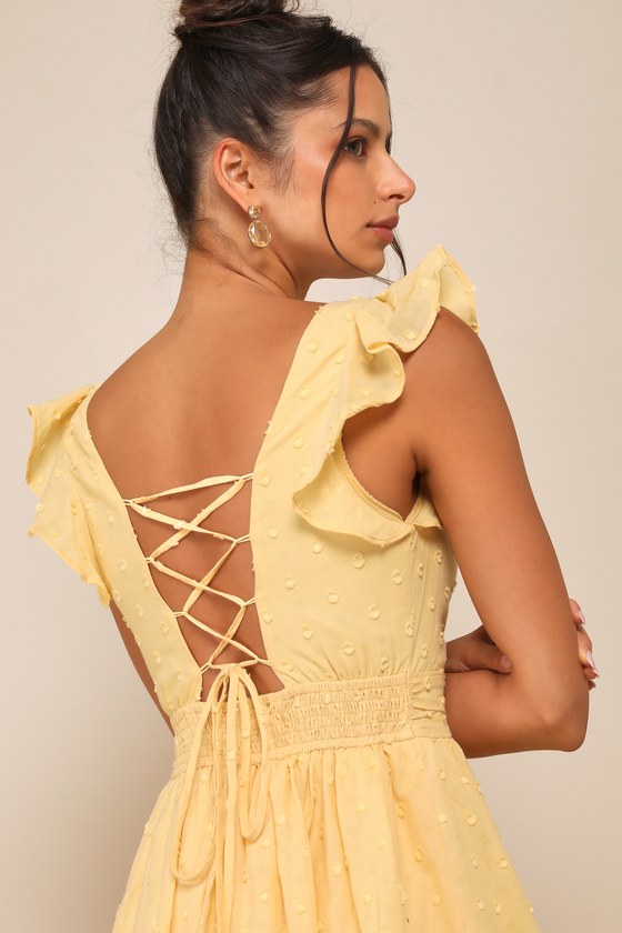 Shop Lulus Charming Decision Yellow Swiss Dot Ruched Tiered Midi Dress