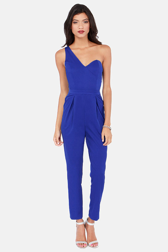 one shoulder blue jumpsuit