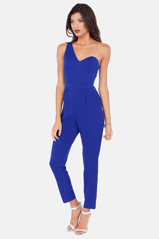 Sexy Blue Jumpsuit One Shoulder Jumpsuit Long Pant Jumpsuit 40.00