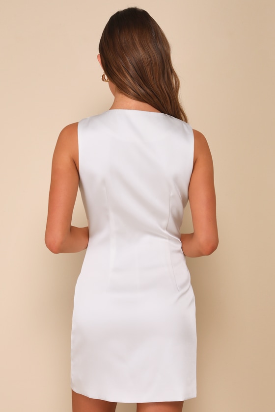 Lulus Sophisticated Icon White Satin Button-up Mini Dress With Pockets In White