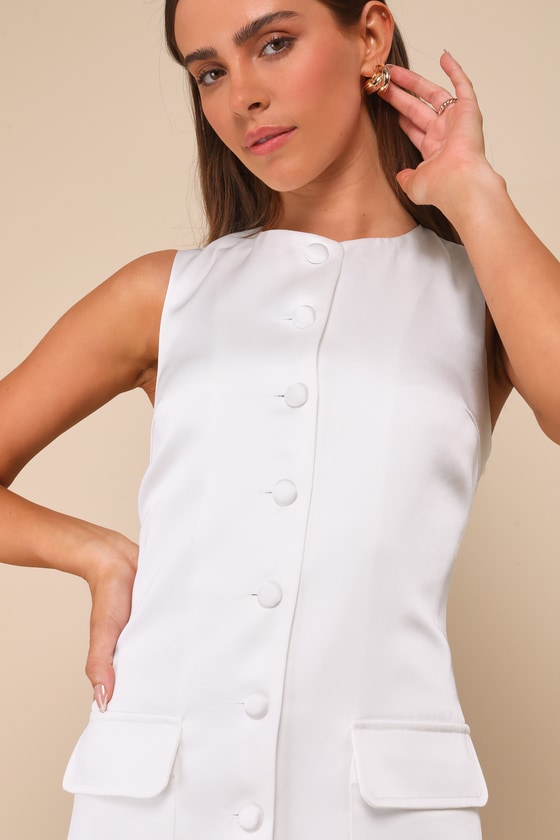 Lulus Sophisticated Icon White Satin Button-up Mini Dress With Pockets In White