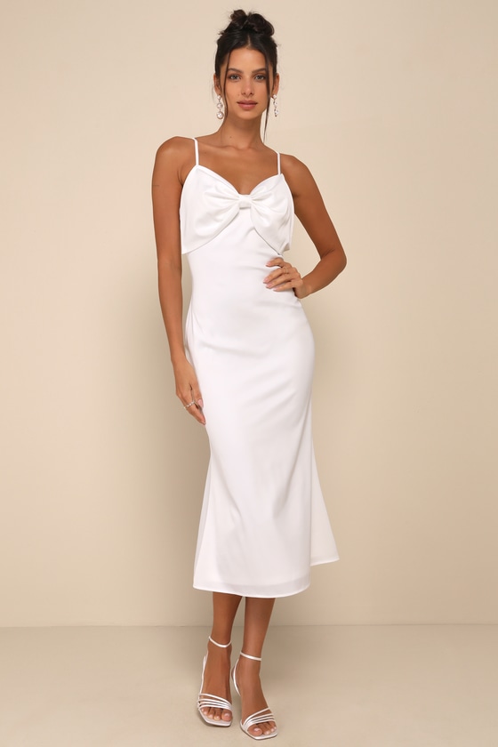 LULUS EXTRAVAGANTLY SLEEK WHITE SATIN SLEEVELESS BOW MIDI DRESS