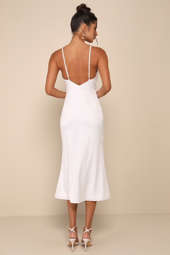 LULUS EXTRAVAGANTLY SLEEK WHITE SATIN SLEEVELESS BOW MIDI DRESS