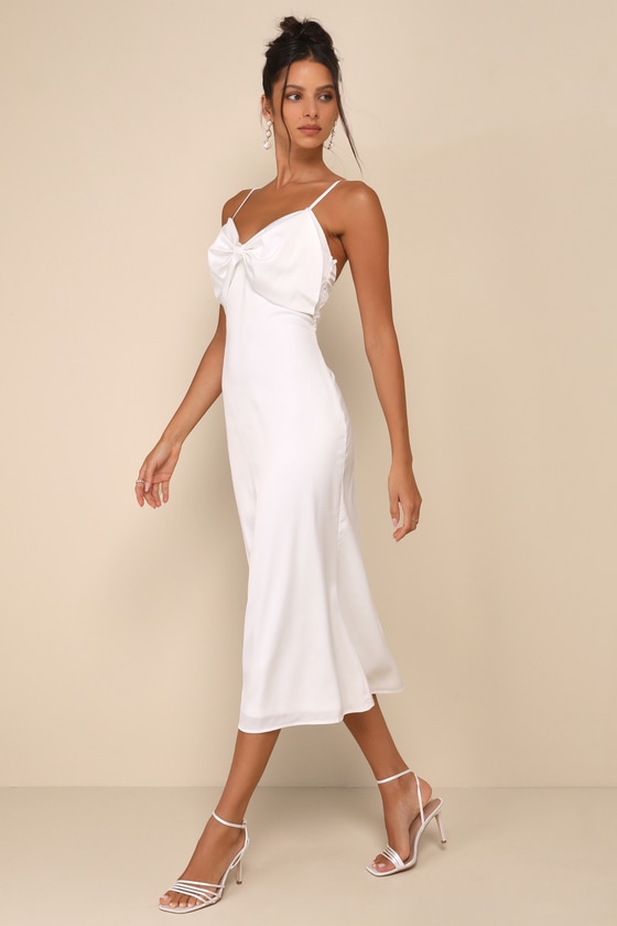 LULUS EXTRAVAGANTLY SLEEK WHITE SATIN SLEEVELESS BOW MIDI DRESS