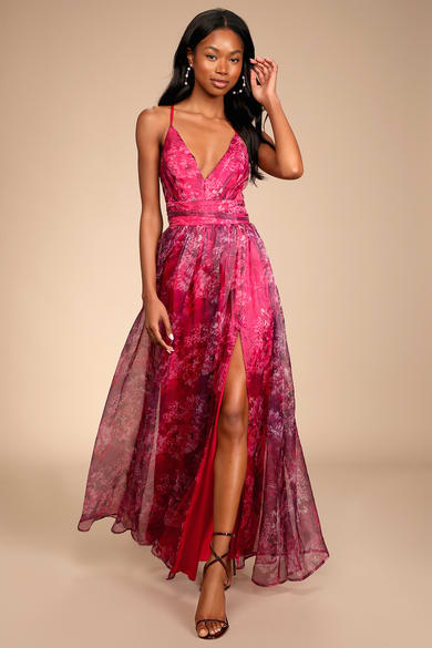 strapless open back dress Dreamylily Women Hot Pink A Line Floral Long Prom Dress with High Slit