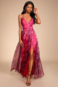 Romance That Wows Magenta Floral Print Organza Maxi Dress 13
