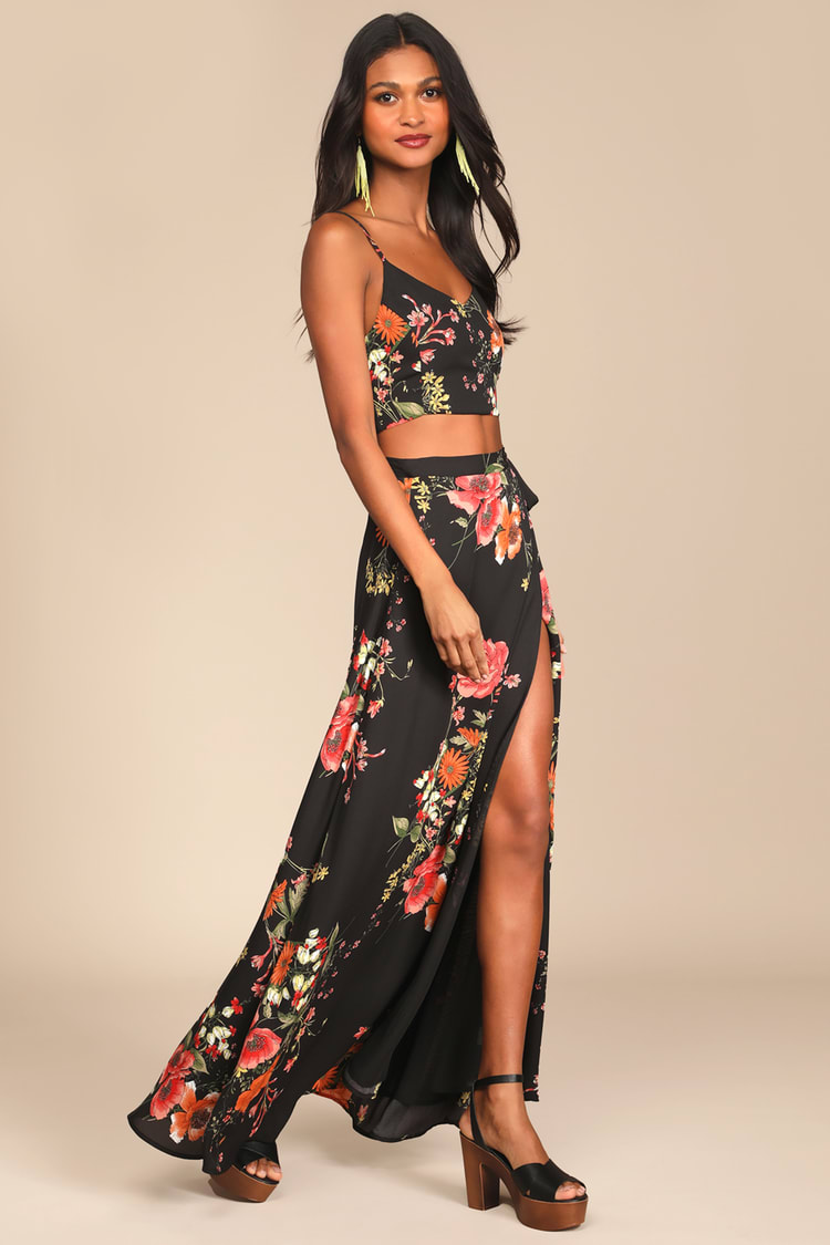Bloom With a View Black Floral Print Two-Piece Maxi Dress