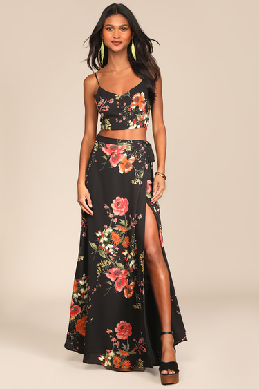 Black Floral Print 2-Piece Dress 2-Piece Maxi Wrap Maxi Dress