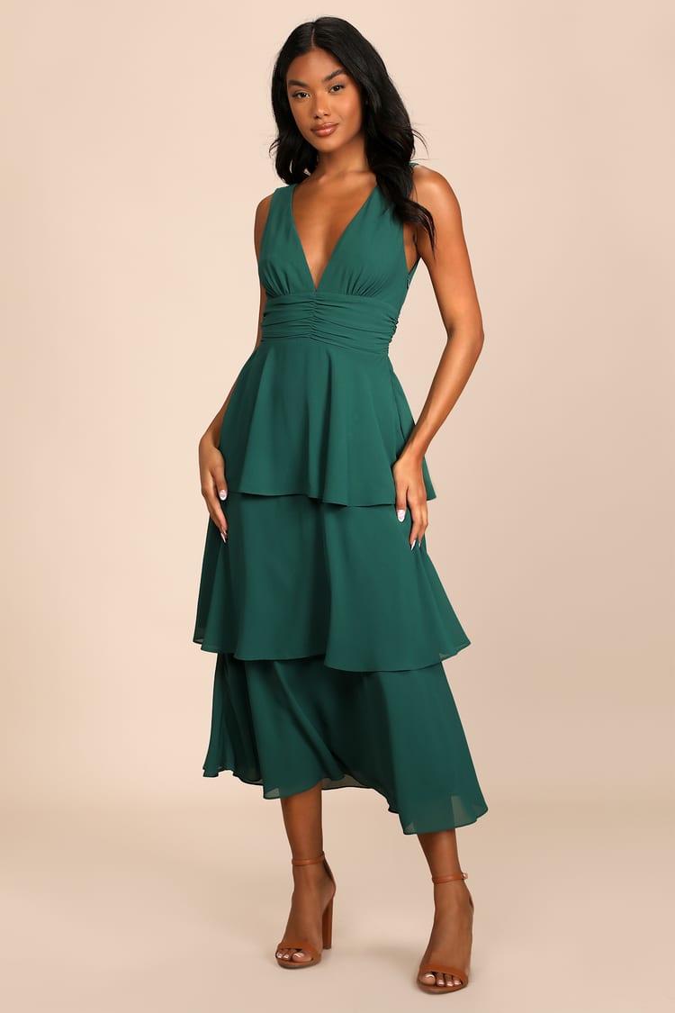 Emerald Green V-Neck Dress - Tiered Midi Dress - Sleeveless Dress 