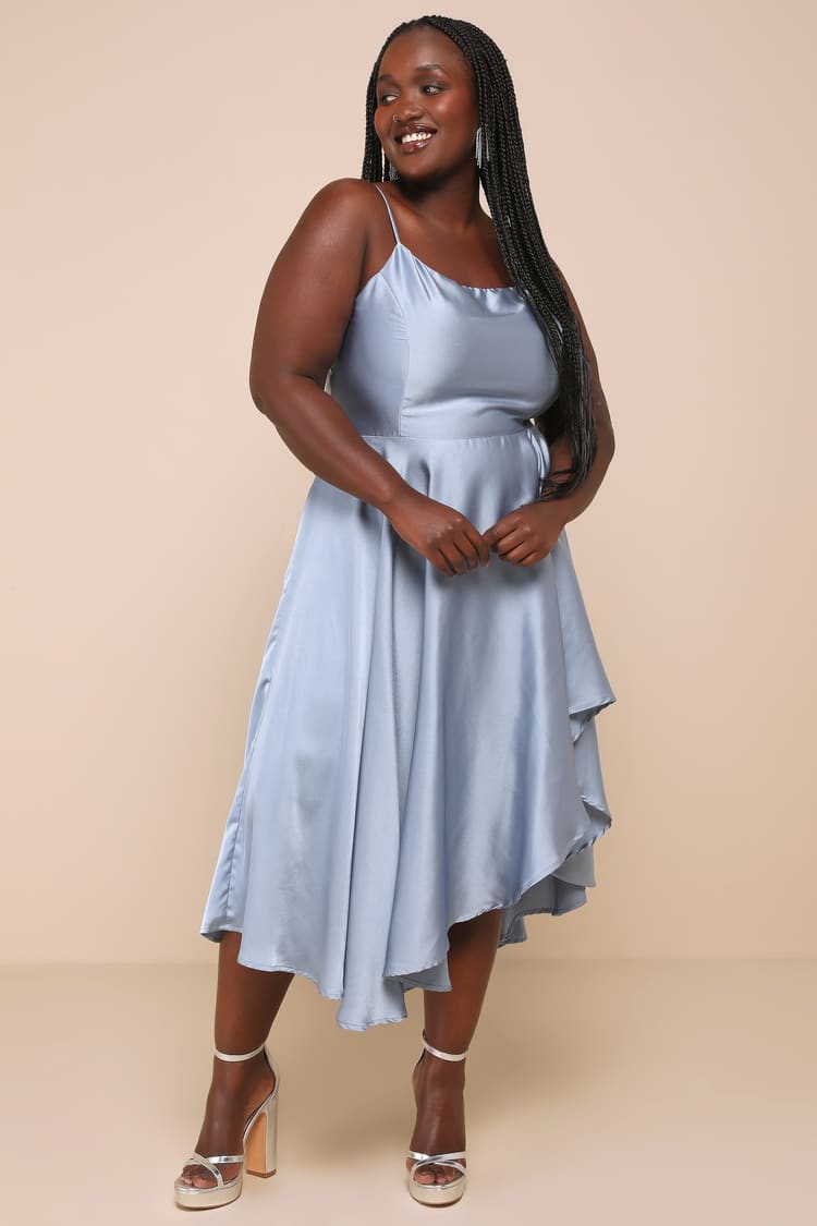 Days Like Today Blue Satin Asymmetrical Tie-Back Midi Dress