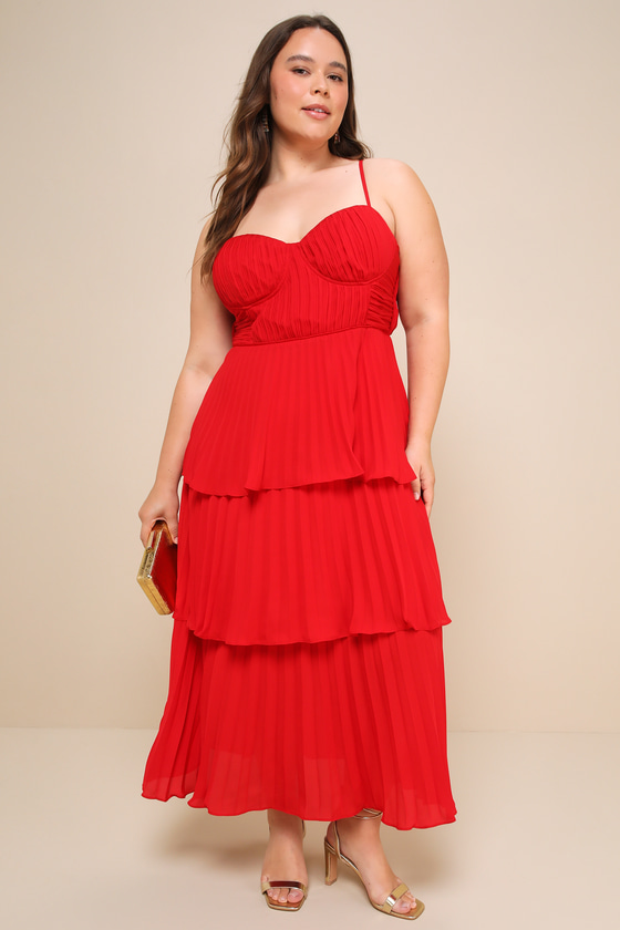 Red Midi Dress - Tiered Pleated Midi Dress - Bustier Midi Dress