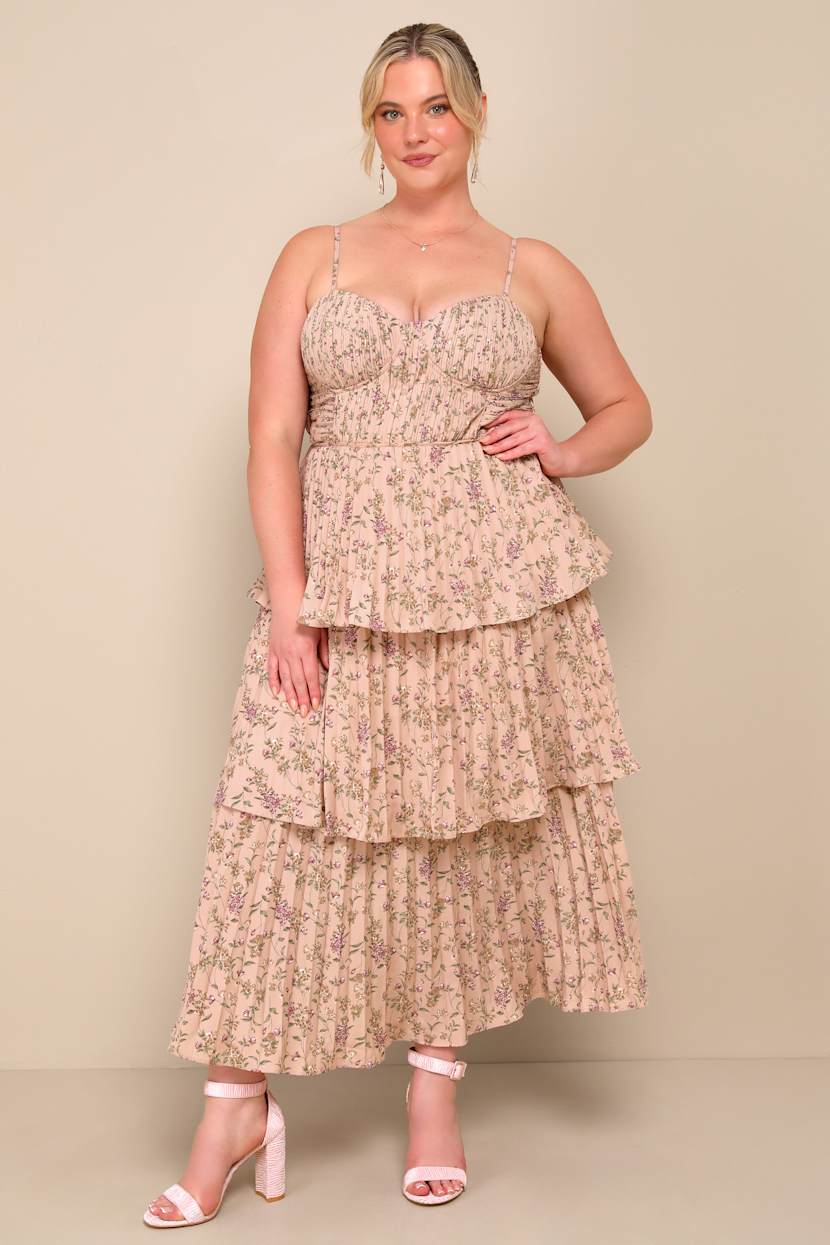 open lace back dress Pink Floral Tiered Midi Dress M