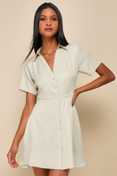 Beige Short Sleeve Dress - Button-Up Mini Dress - Skater Dress - Lulus
