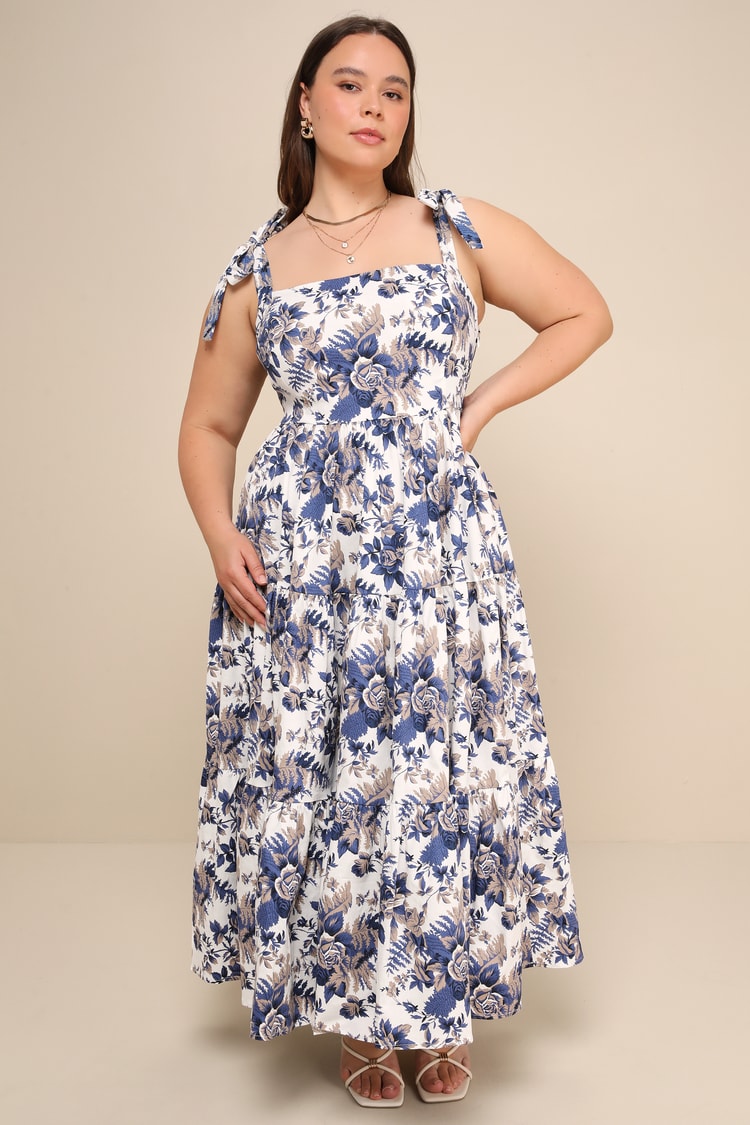 Mallorca Memories White Floral Print Tiered Tie-Strap Maxi Dress