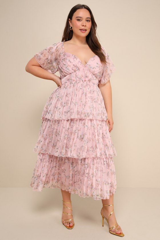 Gentle Charm Mauve Floral Print Pleated Tiered Midi Dress 1