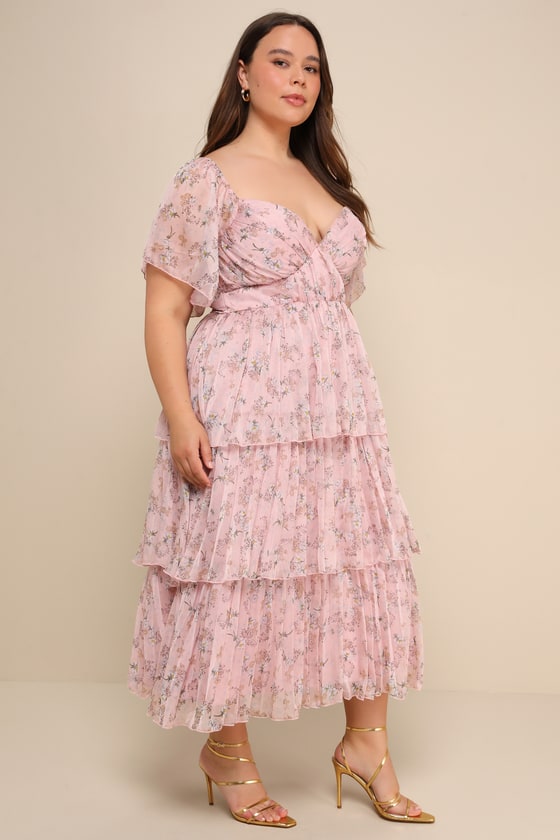 Mauve Floral Print Dress - Pleated Midi Dress - Tiered Midi Dress - Lulus