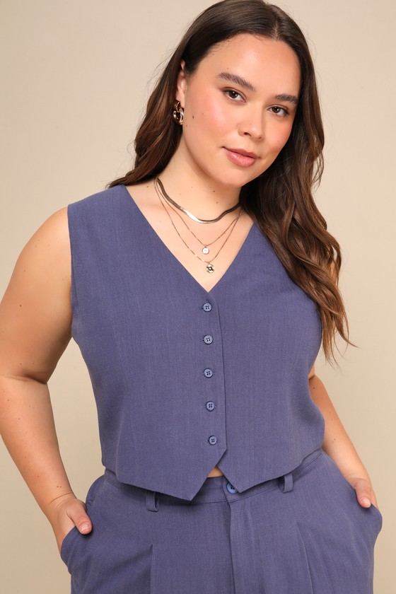Dark Blue Linen Vest Vest Top Cute Cropped Vest Crop Top Lulus