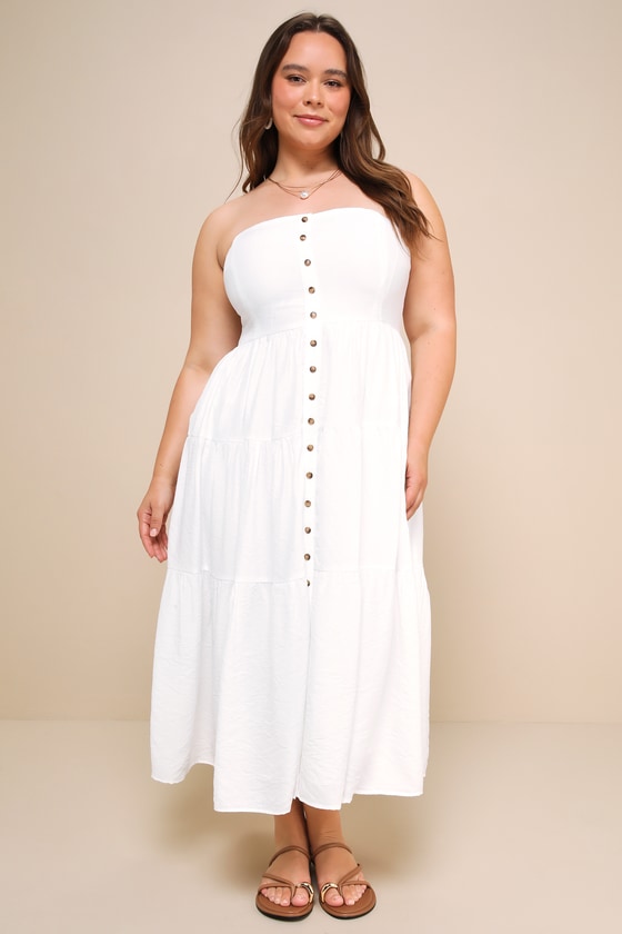 Sweetness and Sunshine White Strapless Midi Dress With Pockets 1
