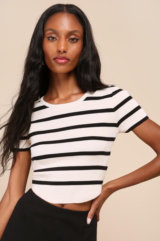 Stylish Sweetie Cream Striped Knit Short Sleeve Crop Top 2