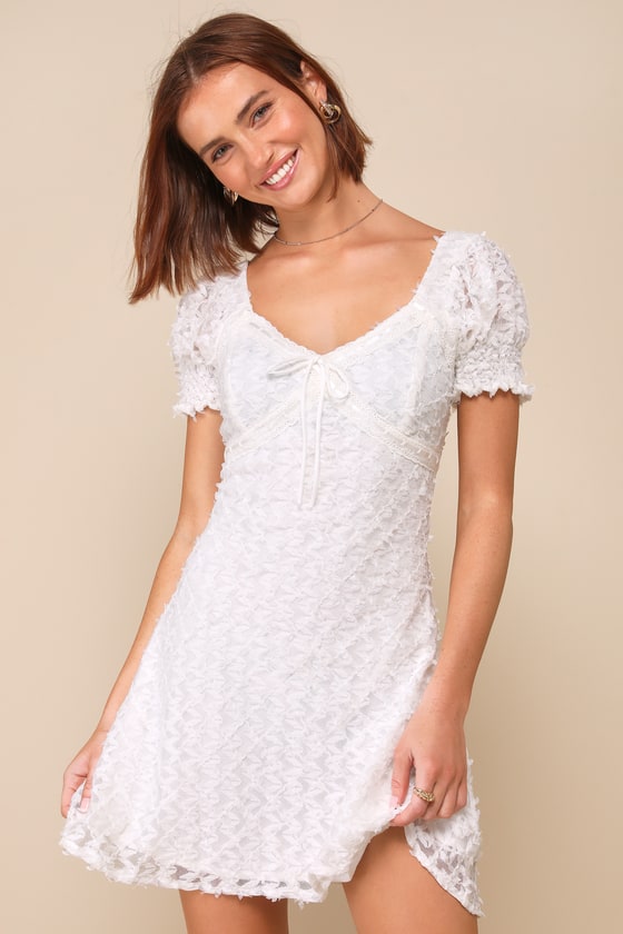 Sent to Charm White Textured Ribbon Puff Sleeve Mini Dress 2