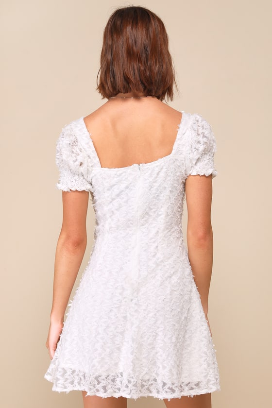 Lulus Sent To Charm White Textured Ribbon Puff Sleeve Mini Dress In White