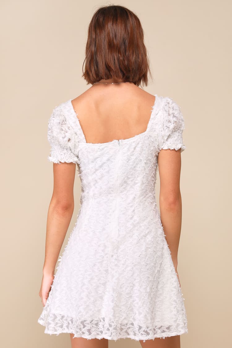 Sent to Charm White Textured Ribbon Puff Sleeve Mini Dress