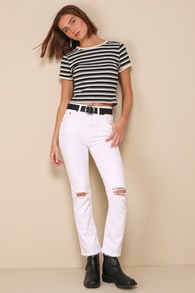 Shy Girl White Distressed High-Waisted Cropped Flare Jeans