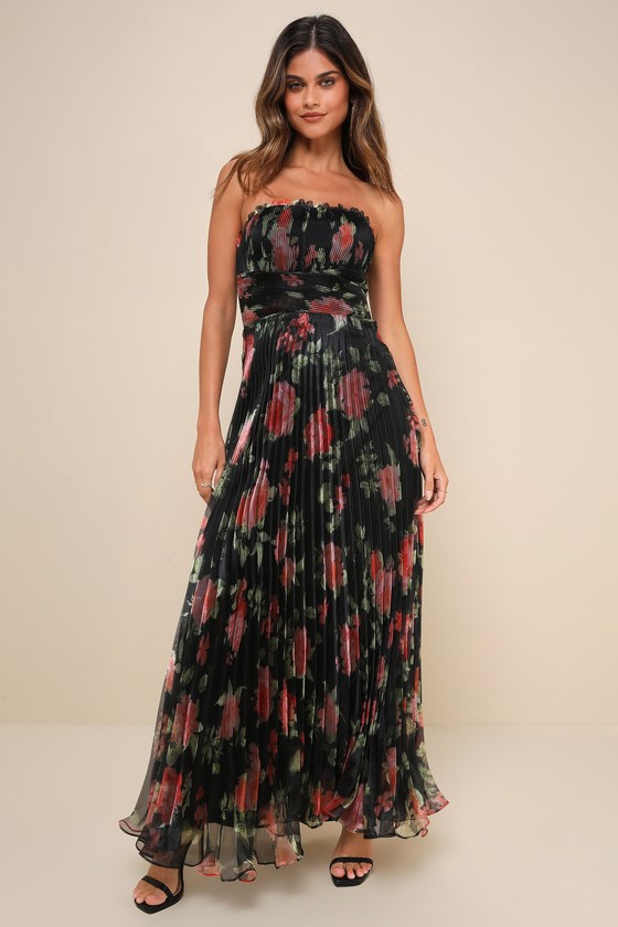 Mesmerizing Forever Black Floral Pleated Organza Maxi Dress 1