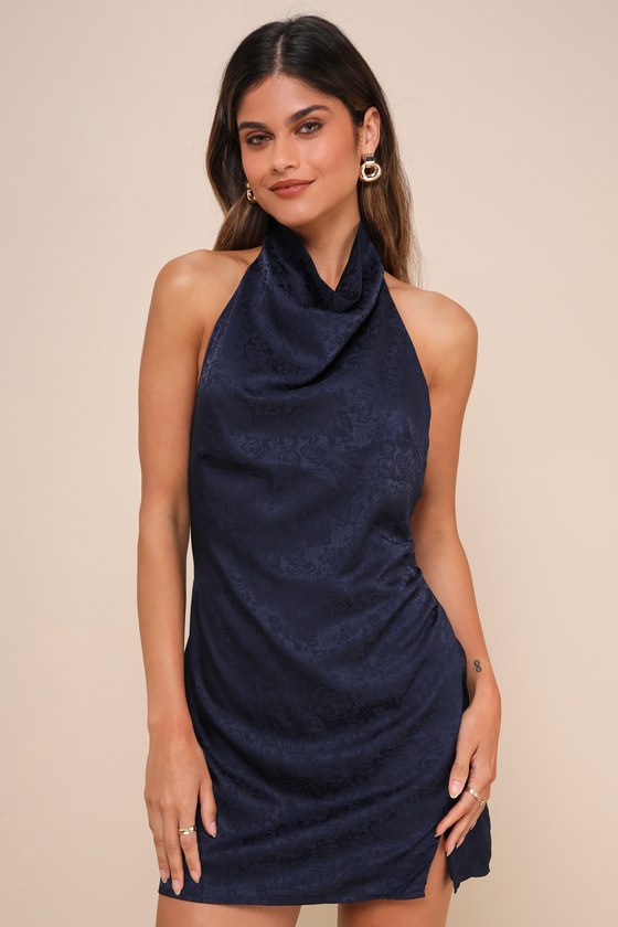 Lulus Simply A Stunner Navy Jacquard Cowl Backless Mini Dress In Navy