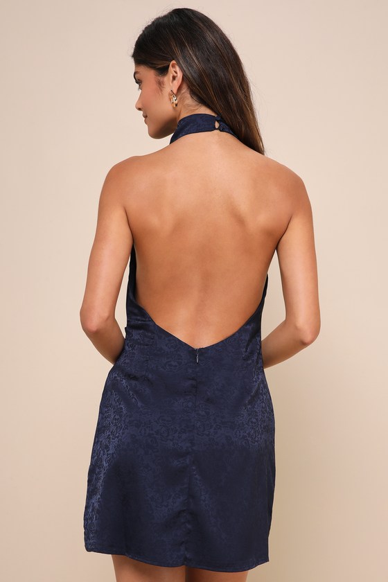 Lulus Simply A Stunner Navy Jacquard Cowl Backless Mini Dress In Navy