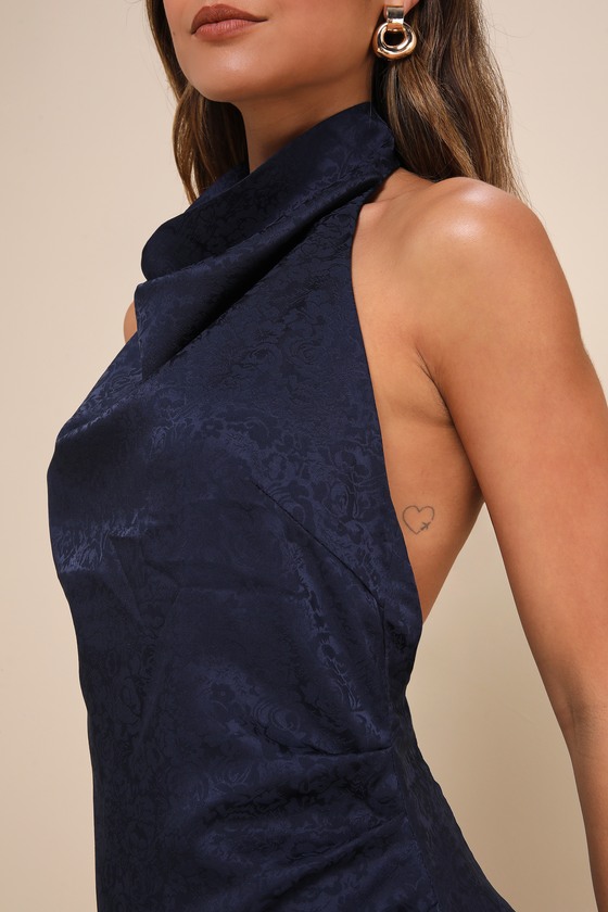 Lulus Simply A Stunner Navy Jacquard Cowl Backless Mini Dress In Navy