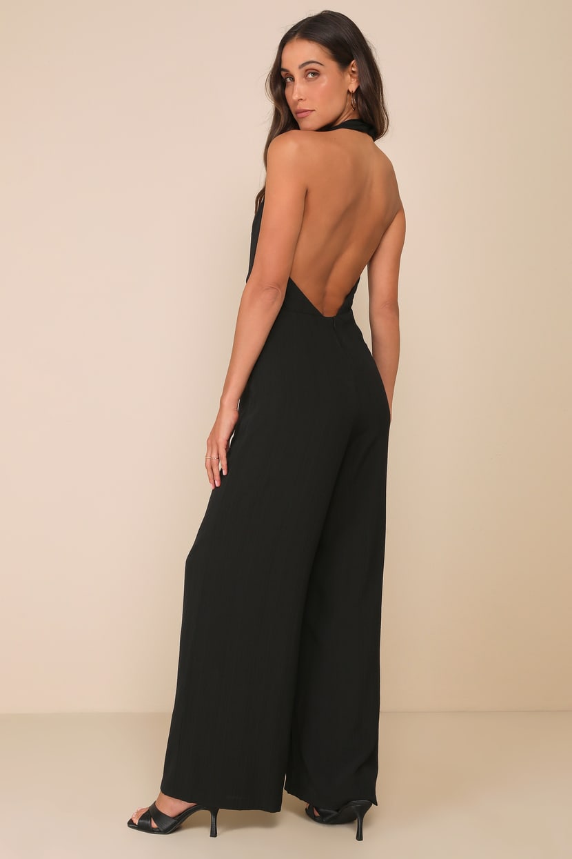 Inspiring Sultriness Black Textured Halter Backless Jumpsuit