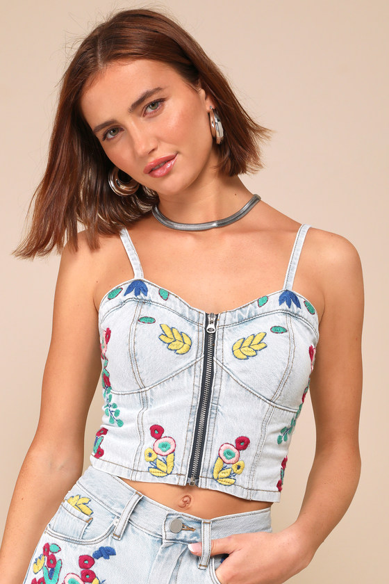 Blanknyc Picnic Date Light Wash Denim Embroidered Bustier Top In Blue