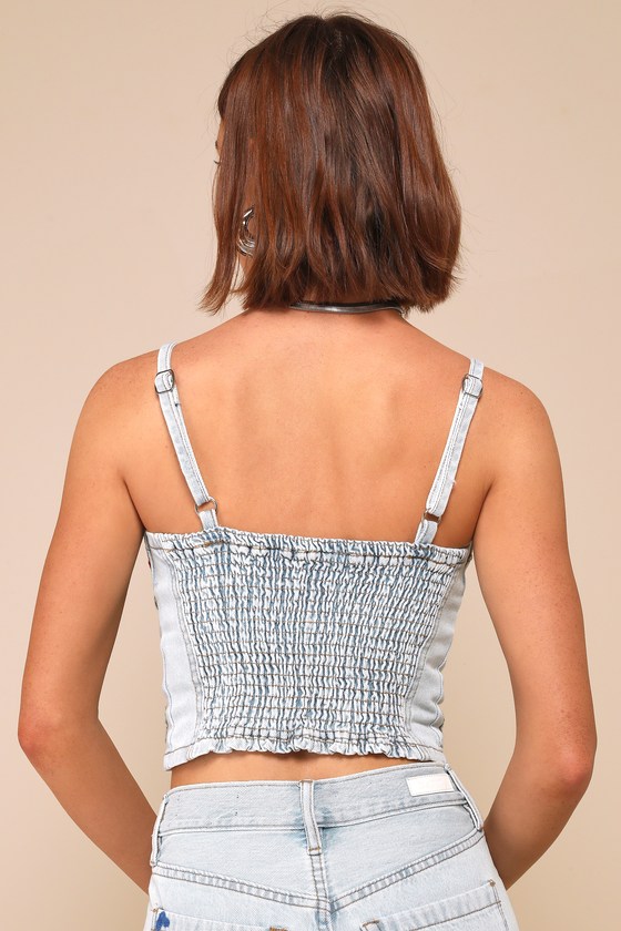 Picnic Date Light Wash Denim Embroidered Bustier Top 3