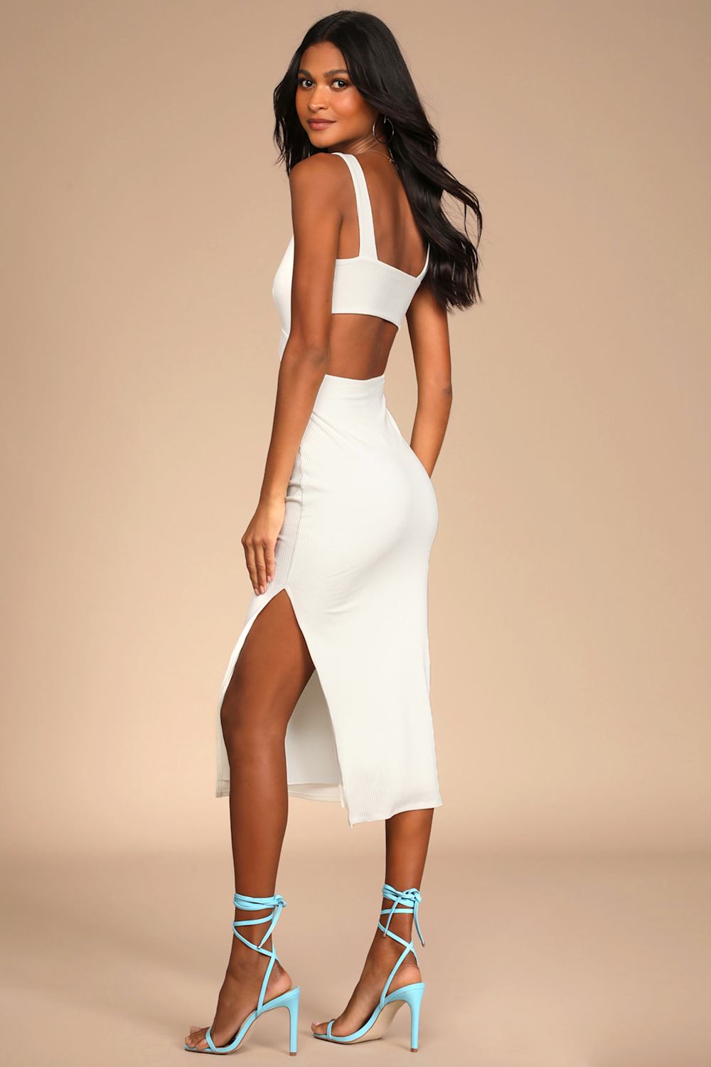 Divide and Contour White Ribbed Cutout Bodycon Midi Dress