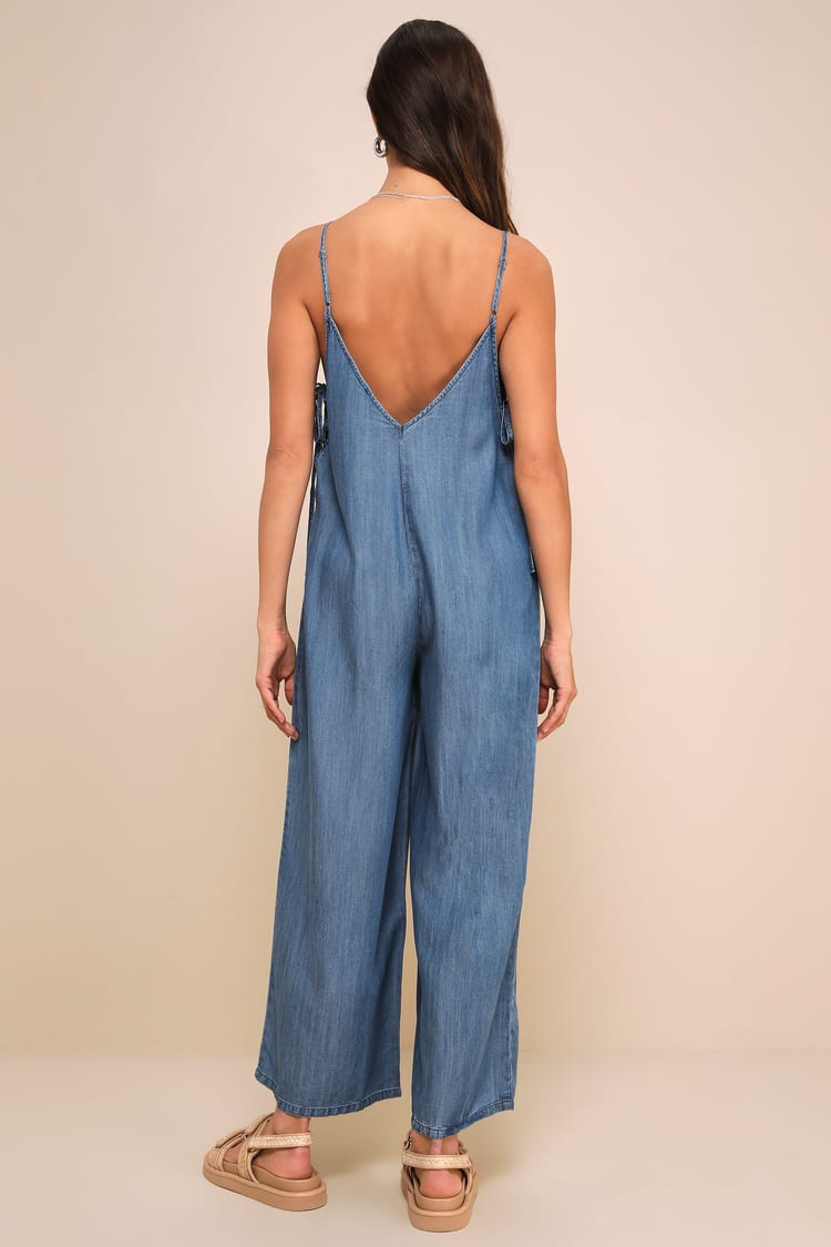 Comfortably Posh Medium Wash Chambray Wide-Leg Jumpsuit