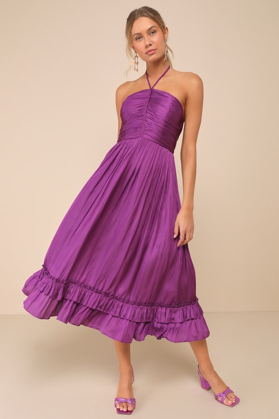 Pleasing Chicness Purple Satin Halter Tiered Midi Dress 2