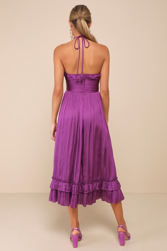 Pleasing Chicness Purple Satin Halter Tiered Midi Dress 4