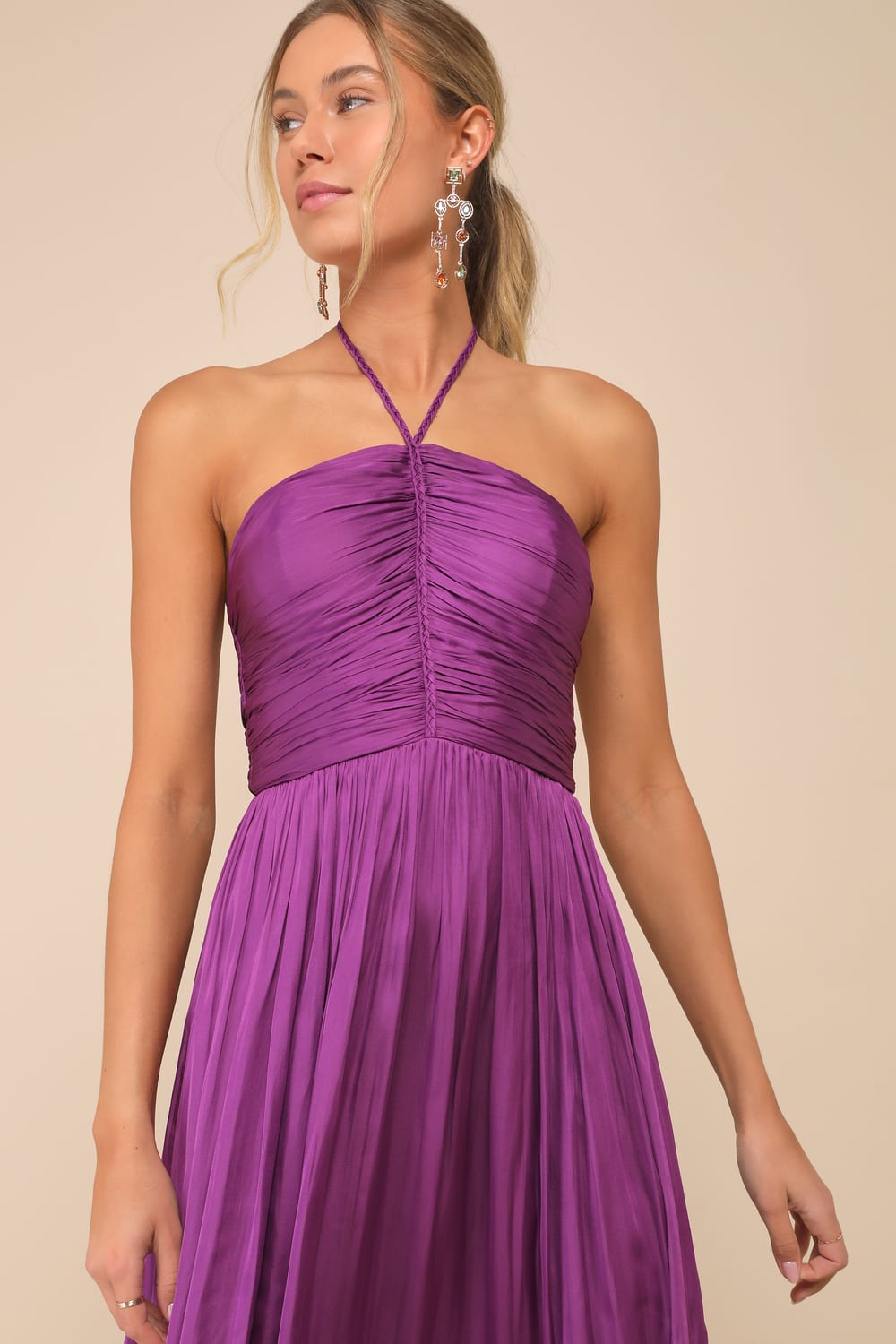 Pleasing Chicness Purple Satin Halter Tiered Midi Dress