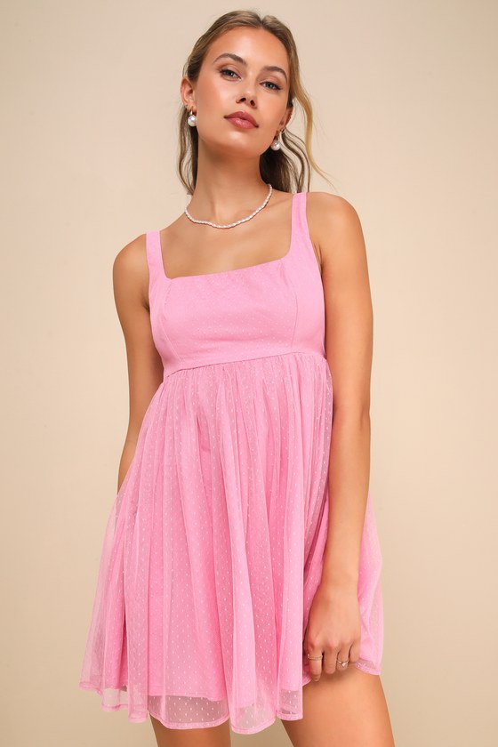 Pink Dress - Swiss Dot Mesh Dress - Babydoll Mini Dress - Lulus