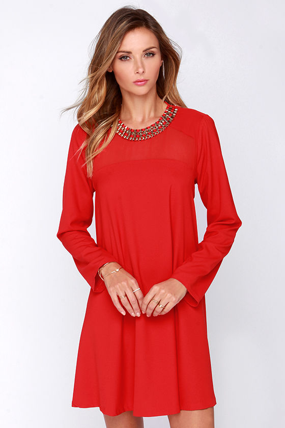 Red long sleeve shift dress hotsell