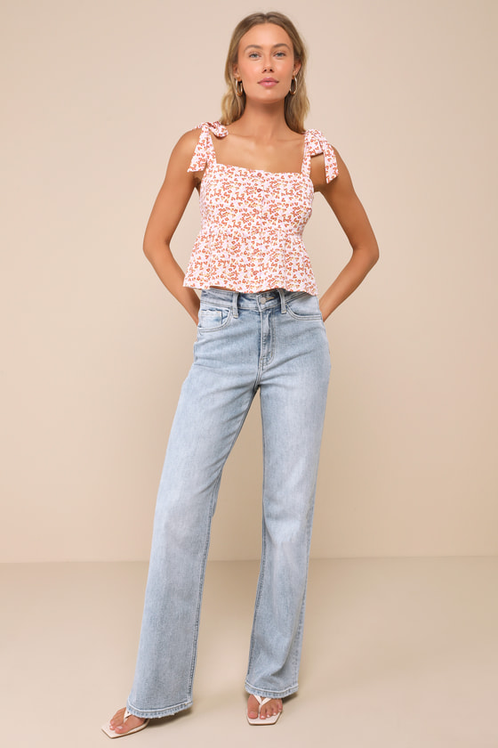 Lulus Adorable Mindset Ivory And Pink Floral Tie-strap Peplum Top In Ivory