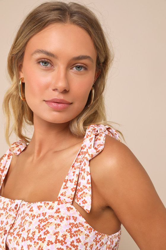 Lulus Adorable Mindset Ivory And Pink Floral Tie-strap Peplum Top In Ivory