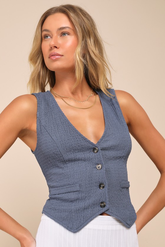 Dark Blue Vest Top - Lace-Up Vest Top - Textured Button-Up